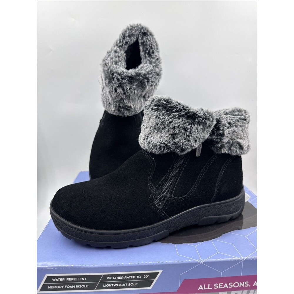 Khombu Women’s Black Suede Side Zip Ankle Jessica Booties Faux Fur Trim Size 7